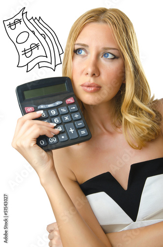 Photo: Woman accountant with calculator on white Woman accountant with calculator on white
