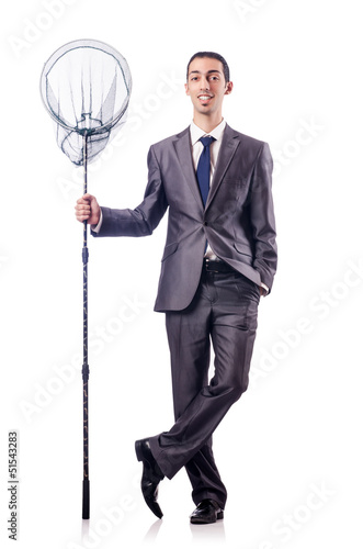 Photo: Businessman with net isolated on white Businessman with net isolated on white