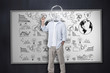 Man with light bulb instead of head in front of white board