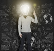 Woman with lit up light bulb for head