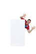 Man leaping from behind blank poster