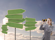 Businesswoman looking at empty signposts with binoculars