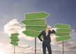 Photo: Rear view of a businesswoman looking at empty signposts Rear view of a businesswoman looking at empty signposts