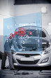 Mechanic with open hood and futuristic interface black and white