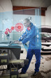 Mechanic consulting futuristic interface with car diagram