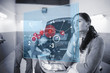 Doubtful customer with futuristic interface next to a mechanic