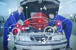 Two mechanics consulting futuristic interface with open hood