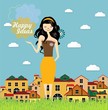 Cute girl with houses in the background