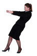 Woman gesturing on white background