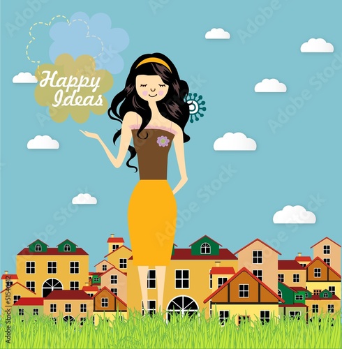 Vector: Cute girl with houses in the background Cute girl with houses in the background