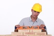 Bricklayer using a bubble level