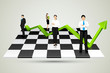Businesspeople with arrow standing on Chessboard