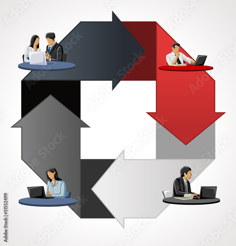 Vector: Red and gray template with business people over arrows Red and gray template with business people over arrows