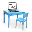 Blue chair and table with laptop. Picture with copy space.