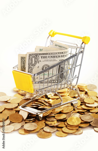 Photo: Money in cart on white background Money in cart on white background
