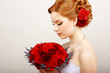 Mildness. Woman with Bouquet of Flowers. Tranquility