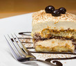 Tiramisu cake on white plate