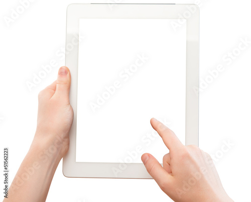 Photo: white tablet with a blank screen in the hands of woman white tablet with a blank screen in the hands of woman