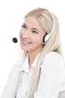 Blonde Frau isoliert - telefoniert mit einem Headset