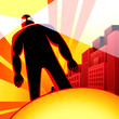 Mighty robot attack human city in sunset