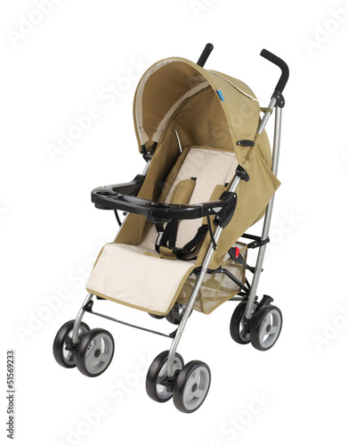 Photo: A yellow pram isolated on white background A yellow pram isolated on white background