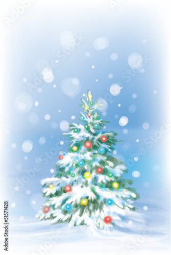 Vector: Christmas tree and decorations on winter background. Christmas tree and decorations on winter background.