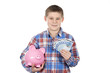 Foto: Cute boy with piggy bank and banknote Cute boy with piggy bank and banknote