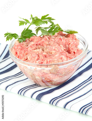 Photo: Bowl of raw ground meat isolated on white Bowl of raw ground meat isolated on white