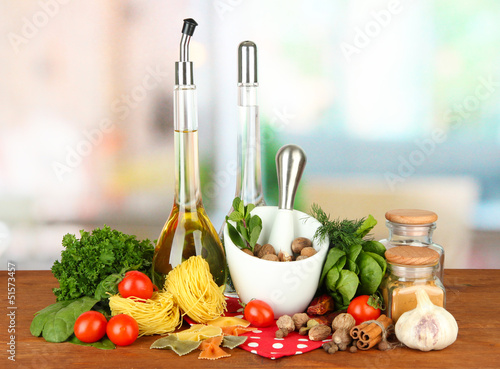 Photo: Composition of mortar, pasta and green herbals, Composition of mortar, pasta and green herbals,