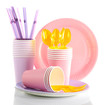 Multicolored plastic tableware isolated on white