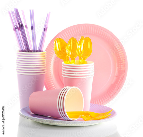 Photo: Multicolored plastic tableware isolated on white Multicolored plastic tableware isolated on white