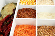 Assortment of cereals in white wooden box close up