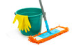 Mop, plastic bucket and rubber gloves, isolated on white