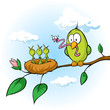 spring illustration of bird feeding hungry chicks