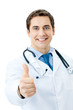 Happy doctor with thumbs up gesture, isolated