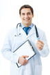 Happy doctor with medicament and clipboard
