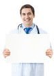 Happy doctor with syringe, isolated on white