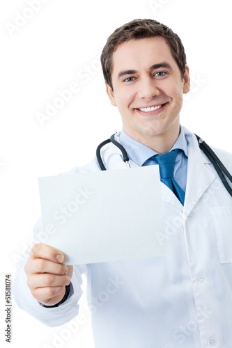 Photo: Doctor with signboard, isolated Doctor with signboard, isolated