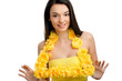 Hawaii woman wearing a welcoming yellow flower lei garland.