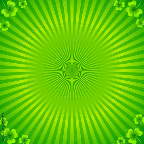 Vector: Green radial stripes background with clovers Green radial stripes background with clovers