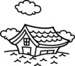 洪水！浸水する家　モノクロ