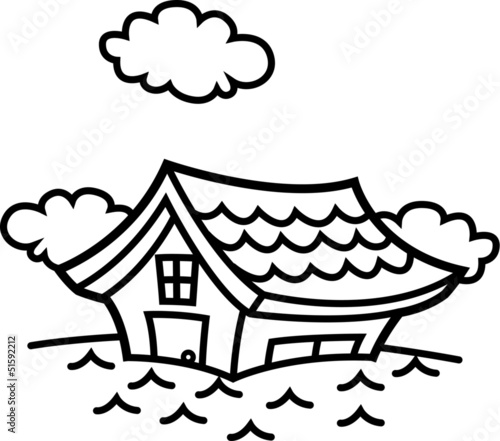 Illustration: 洪水!浸水する家 モノクロ 洪水!浸水する家 モノクロ