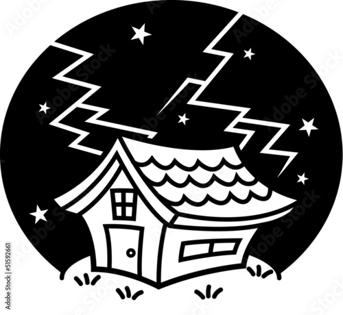 Illustration: 落雷!雷が落ちた家 モノクロ 落雷!雷が落ちた家 モノクロ