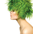 Beauty Spring Woman with Fresh Green Grass Hair