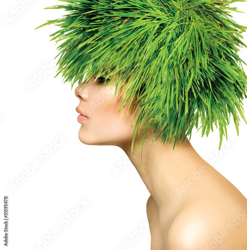 Photo: Beauty Spring Woman with Fresh Green Grass Hair Beauty Spring Woman with Fresh Green Grass Hair