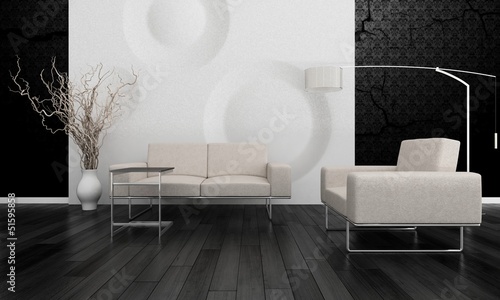 Illustration: Modern Couch in Front of White Design Wall Modern Couch in Front of White Design Wall