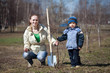  woman with  son replanting  tree