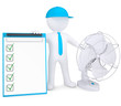 3d man with desktop fan and checklist