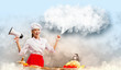 Asian female cook holding megaphone