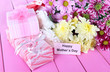 Bouquet of beautiful chrysanthemums on table close-up